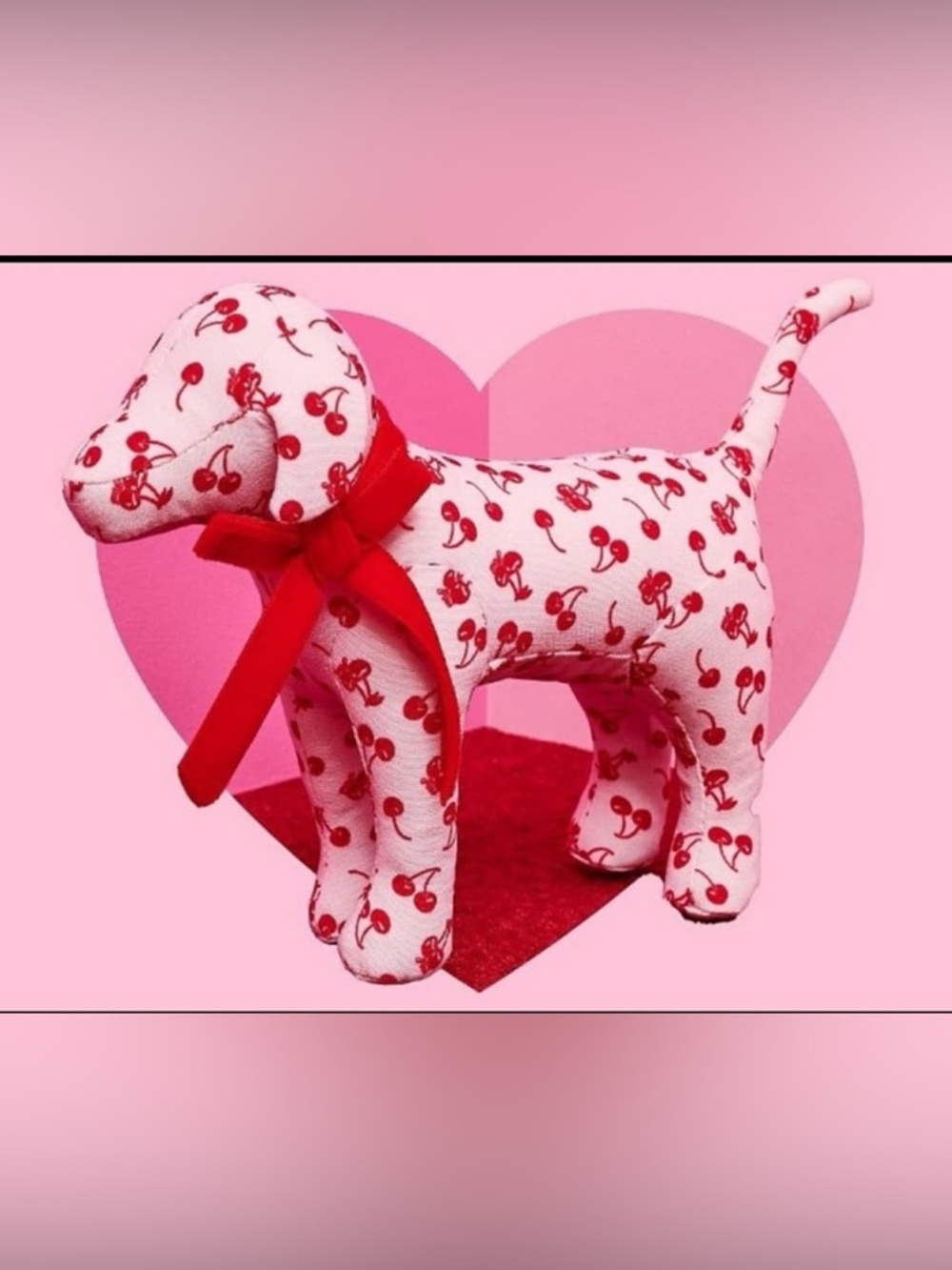 Cherry Print Plush Dog Figurine with Red Bow